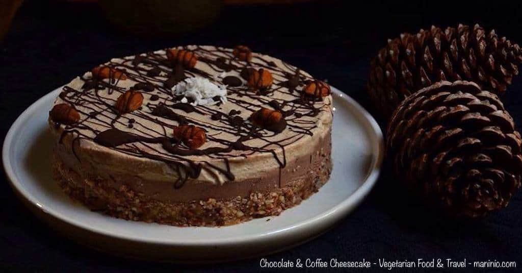 Chocolate and coffee cheesecake in a white plate