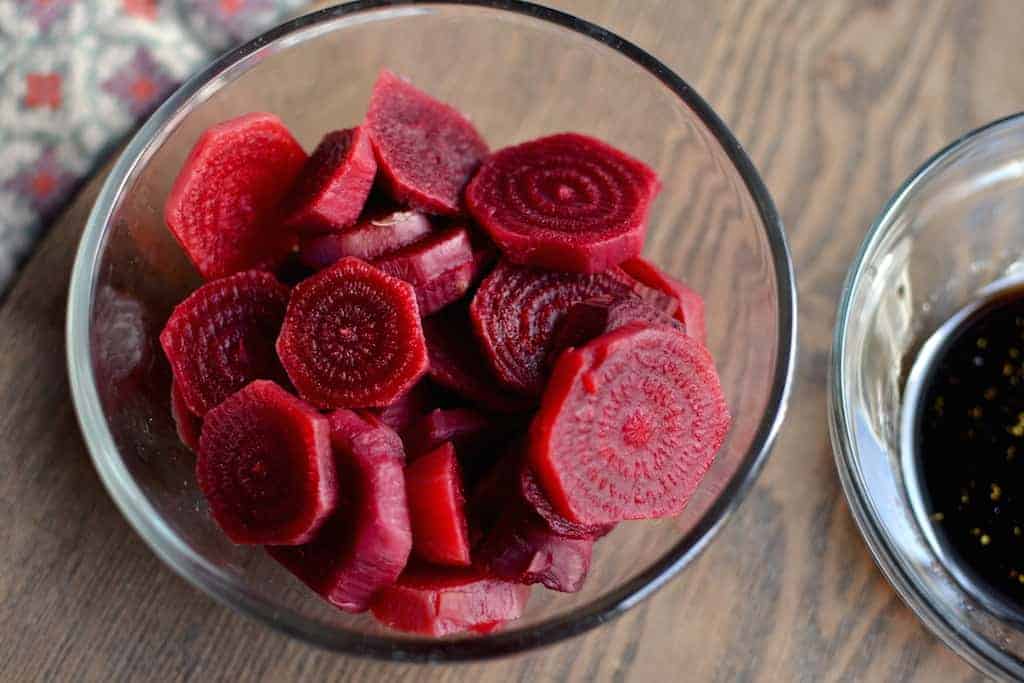 Beet pieces in a glass bowl
