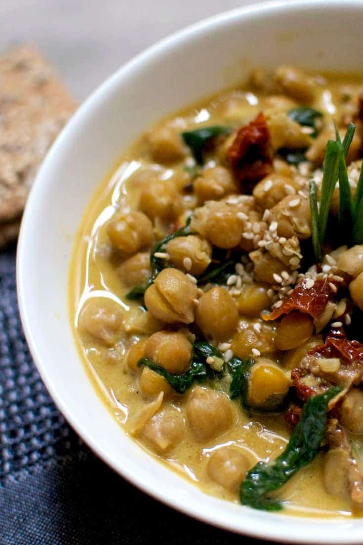 Chickpeas with spinach and sun-dried tomatoes in a white plate - - Vegan Easter Recipes