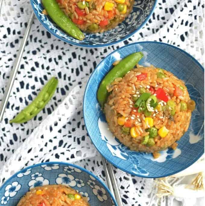 TERIYAKI FRIED RICE BOWL served in blue bowl - - Vegan Easter Recipes